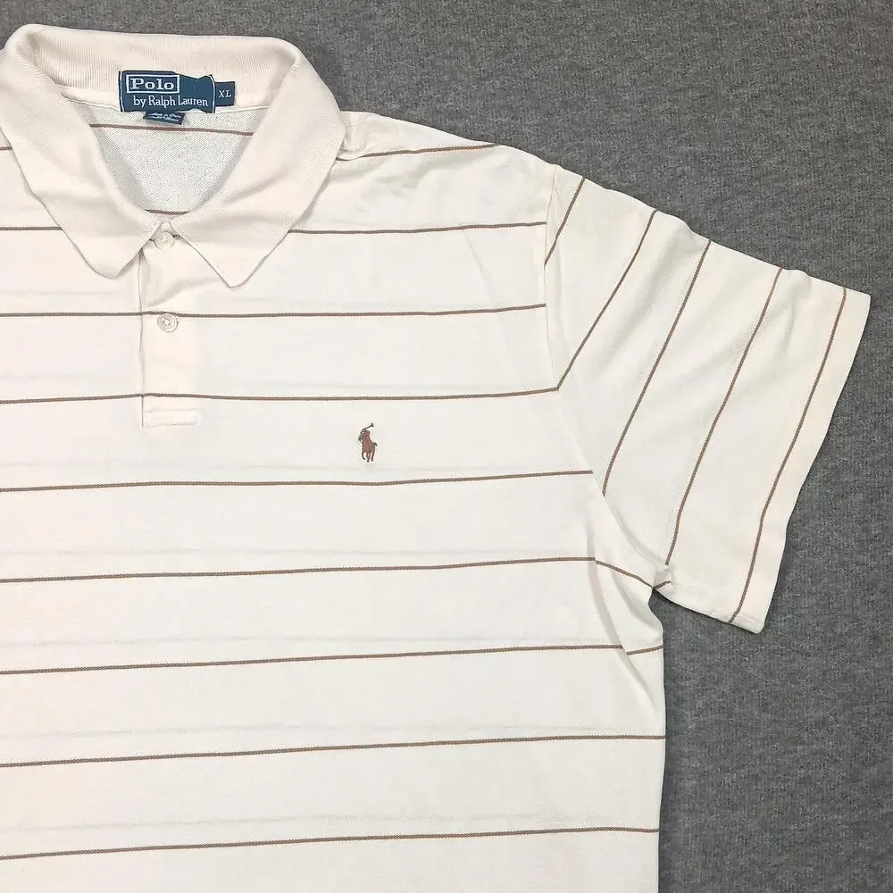 Polo Ralph Lauren Polo Shirt Mens XL White Tan Striped Pima Cotton Short Sleeve